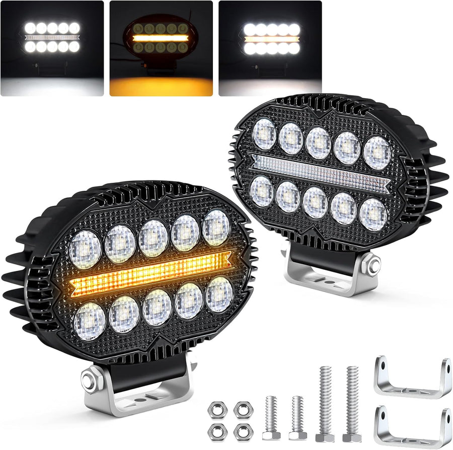 Универсален LED халоген с бяла светлина и оранжев DRL - 10 диода, 2000 lm, 12V-24V, IP67, 5 режима на работа, стробоскопичен режим и динамичен мигач