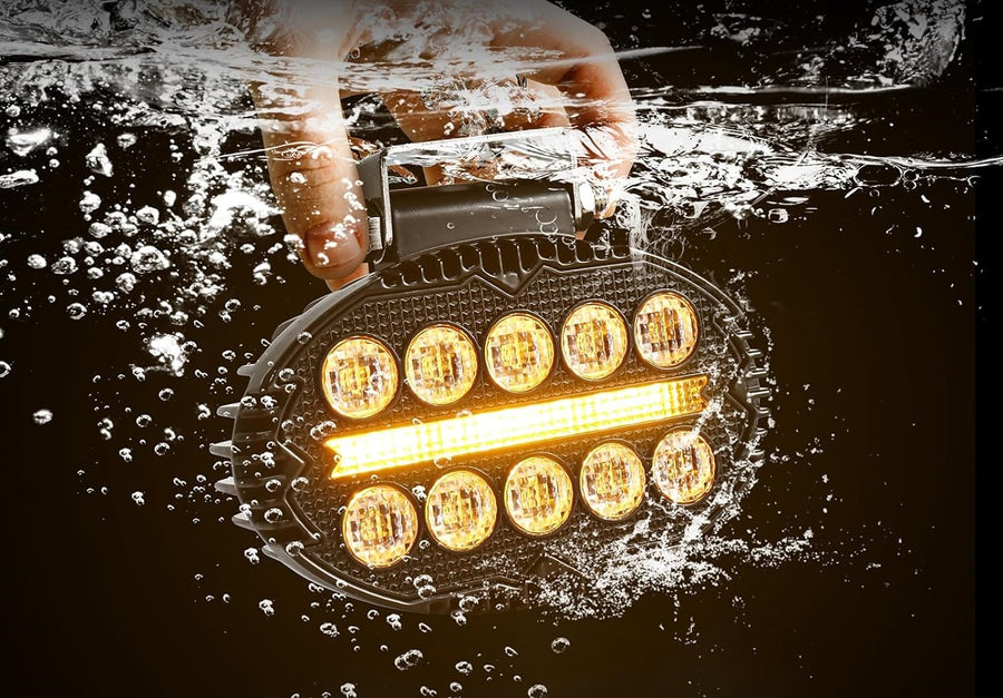 Универсален LED халоген с бяла светлина и оранжев DRL - 10 диода, 2000 lm, 12V-24V, IP67, 5 режима на работа, стробоскопичен режим и динамичен мигач