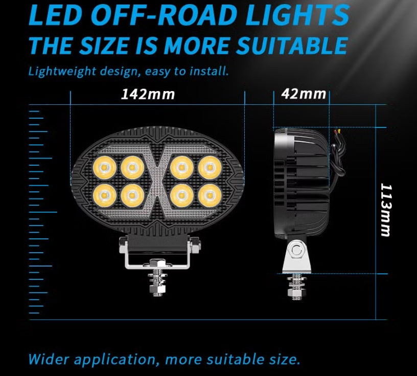 Универсален LED халоген с бяла светлина и оранжева DRL - 8 диода, 4000 lm, 12V–24V, IP67, 5 режима на работа, стробоскопичен режим и динамичен мигач