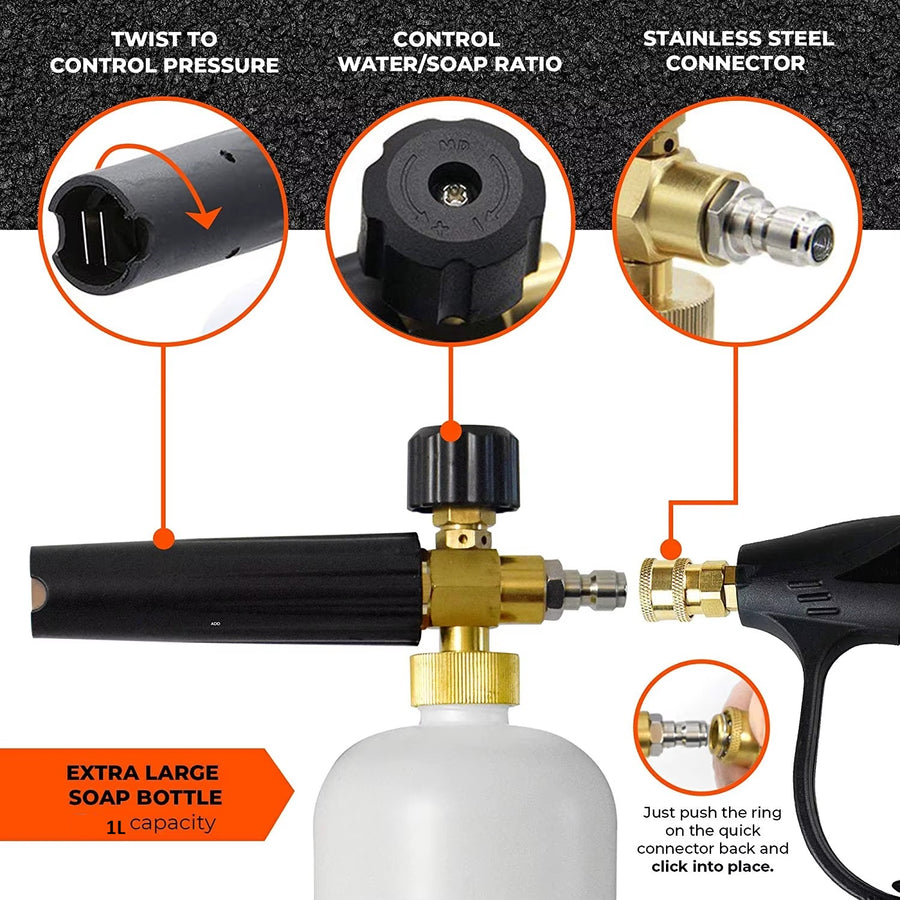 Професионална пянообразуваща дюза 1 л за водоструйка, Foam Cannon, Quick Connect 1/4 - регулиране на струята и концентрацията на пяната, 5 дюзи в комплекта