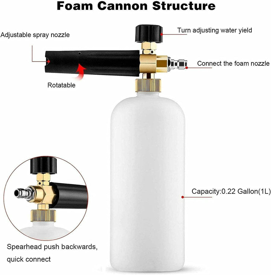 Професионална пянообразуваща дюза 1 л за водоструйка, Foam Cannon, Quick Connect 1/4 - регулиране на струята и концентрацията на пяната, 5 дюзи в комплекта