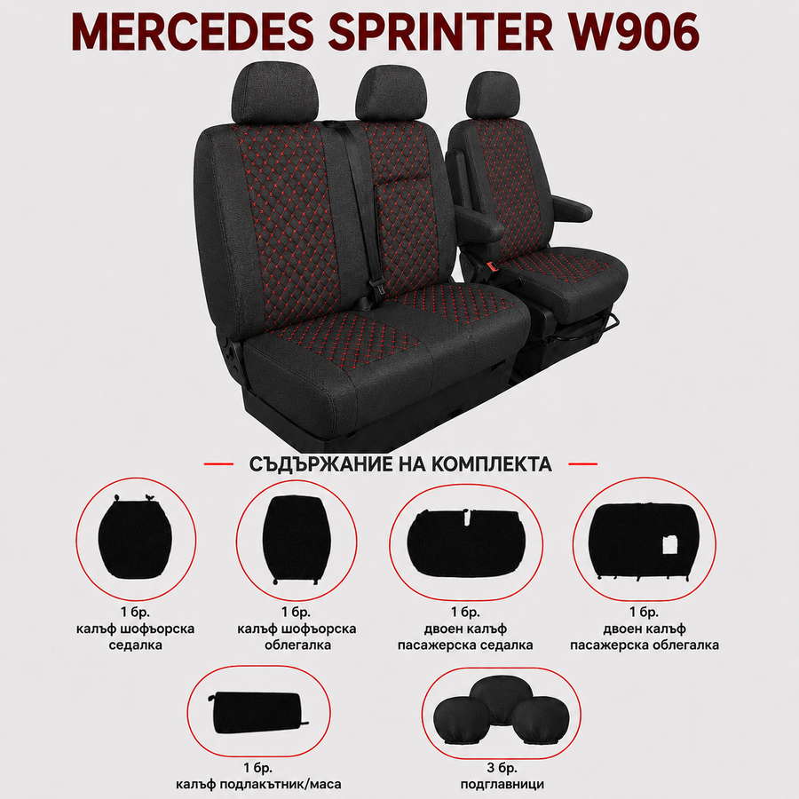 Комплект 2+1 Тапицерия за MERCEDES SPRINTER W906 2006-2018 – Текстил, Черна с червен шев, 8 части