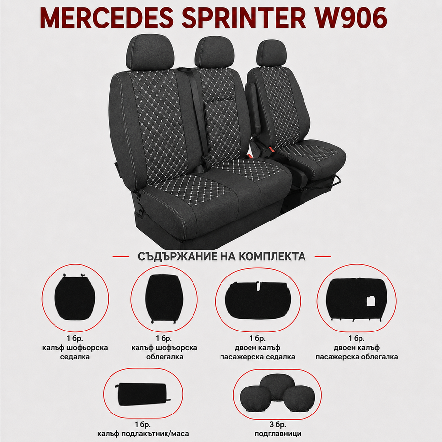 Комплект 2+1 Тапицерия за MERCEDES SPRINTER W906 2006-2018 – Текстил, Черна с бял шев, 8 части
