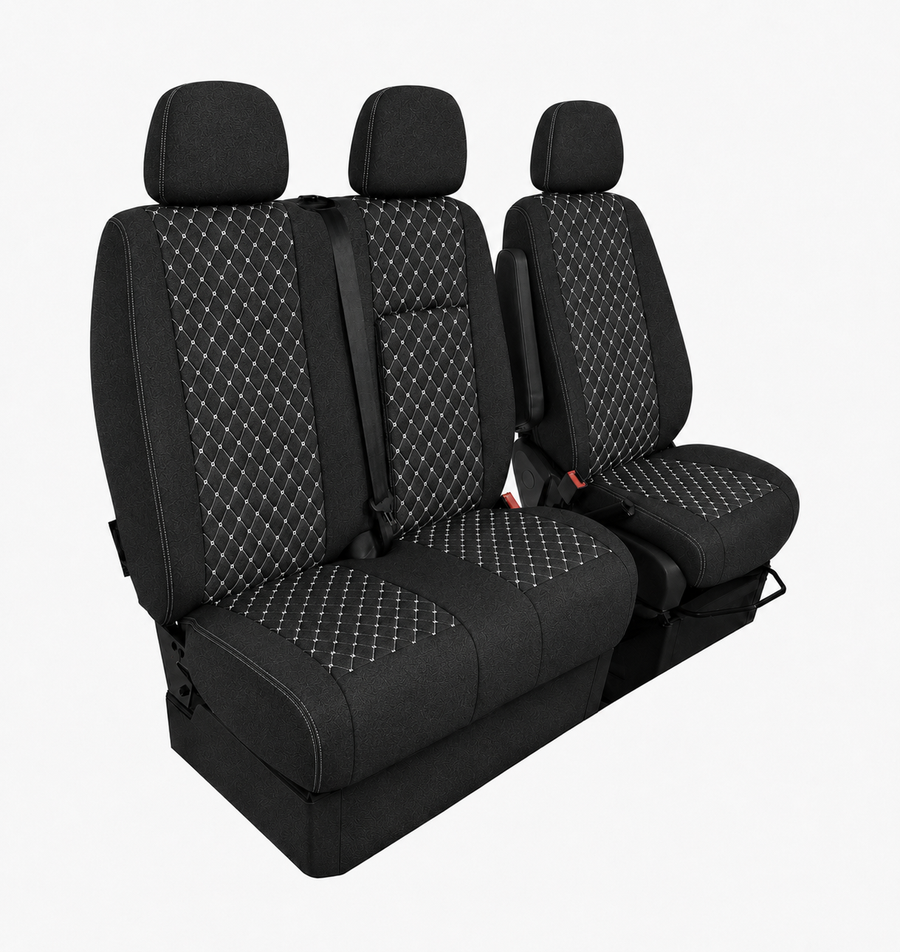 Комплект 2+1 Тапицерия за MERCEDES SPRINTER W906 2006-2018 – Текстил, Черна с бял шев, 8 части