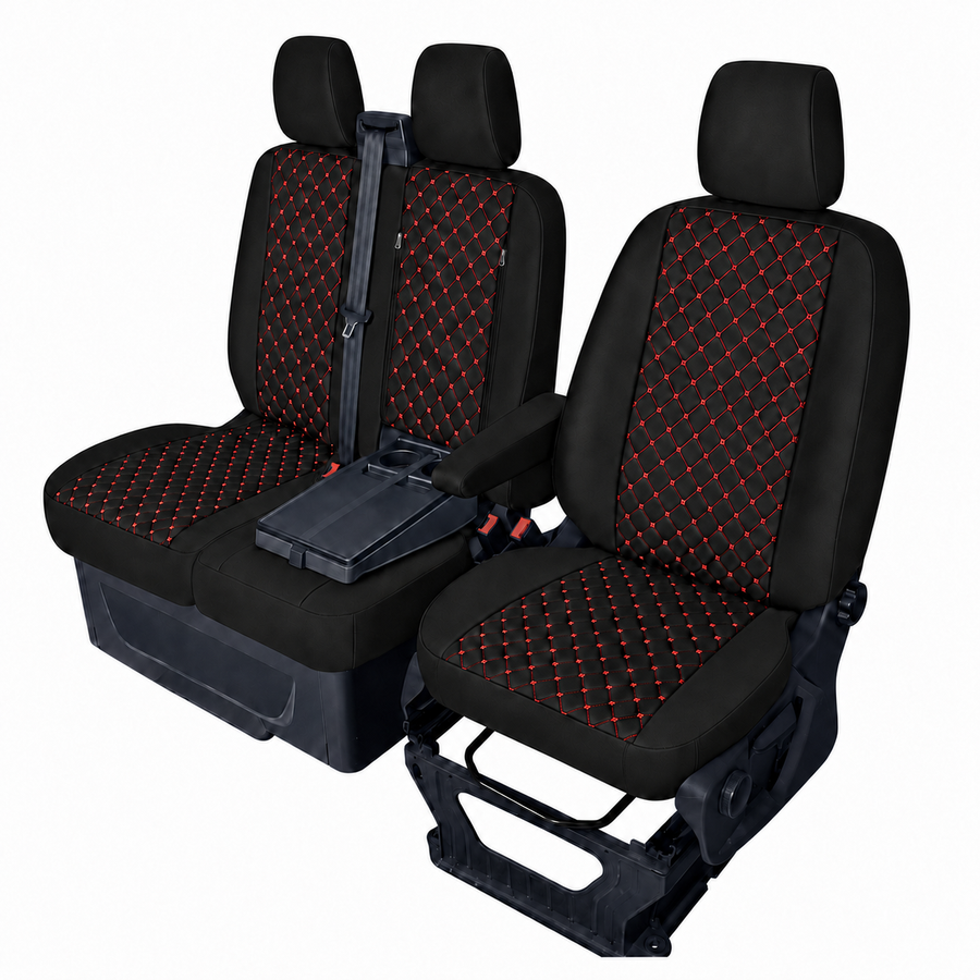 Комплект 2+1 Тапицерия за FORD TRANSIT CUSTOM 2009+ – Еко кожа, Черна с червен шев, 8 части