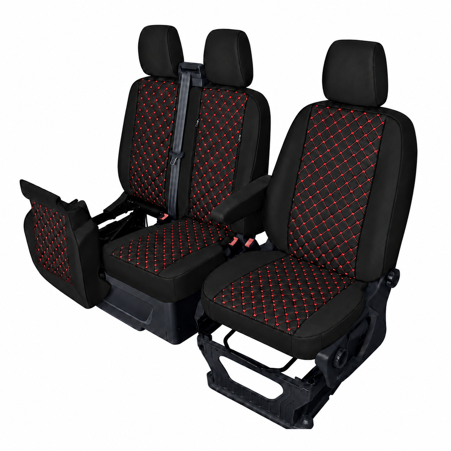 Комплект 2+1 Тапицерия за FORD TRANSIT CUSTOM 2009+ – Еко кожа, Черна с червен шев, 8 части