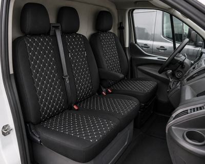 Комплект 2+1 Тапицерия за FORD TRANSIT CUSTOM 2009+ – Еко кожа, Черна с бял шев, 8 части