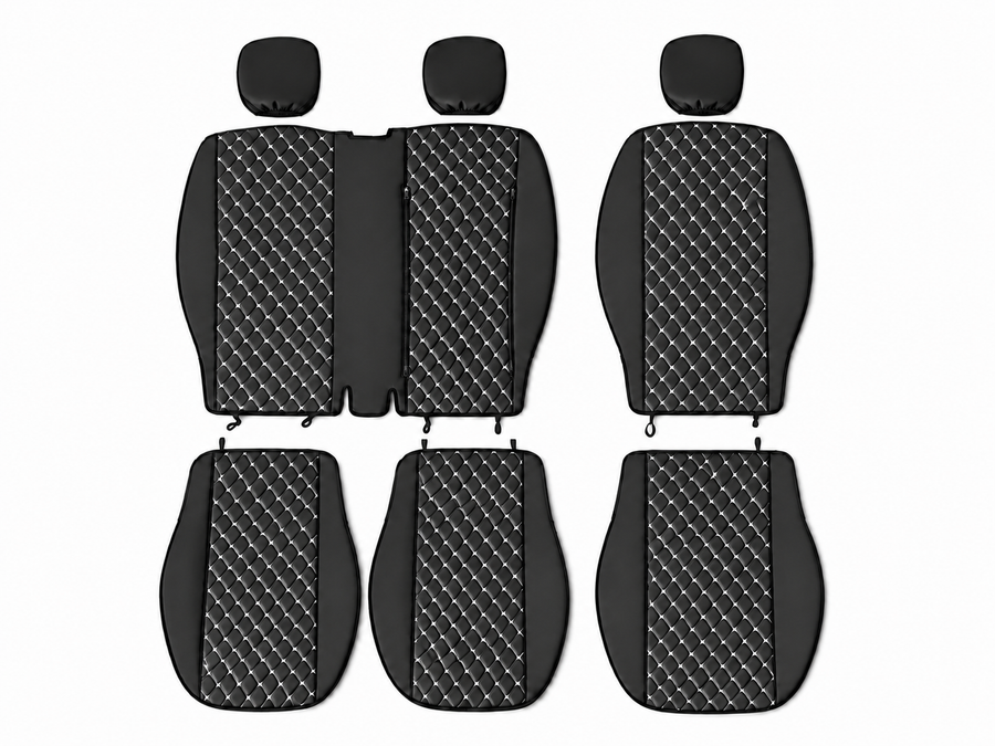 Комплект 2+1 Тапицерия за FORD TRANSIT CUSTOM 2009+ – Еко кожа, Черна с бял шев, 8 части