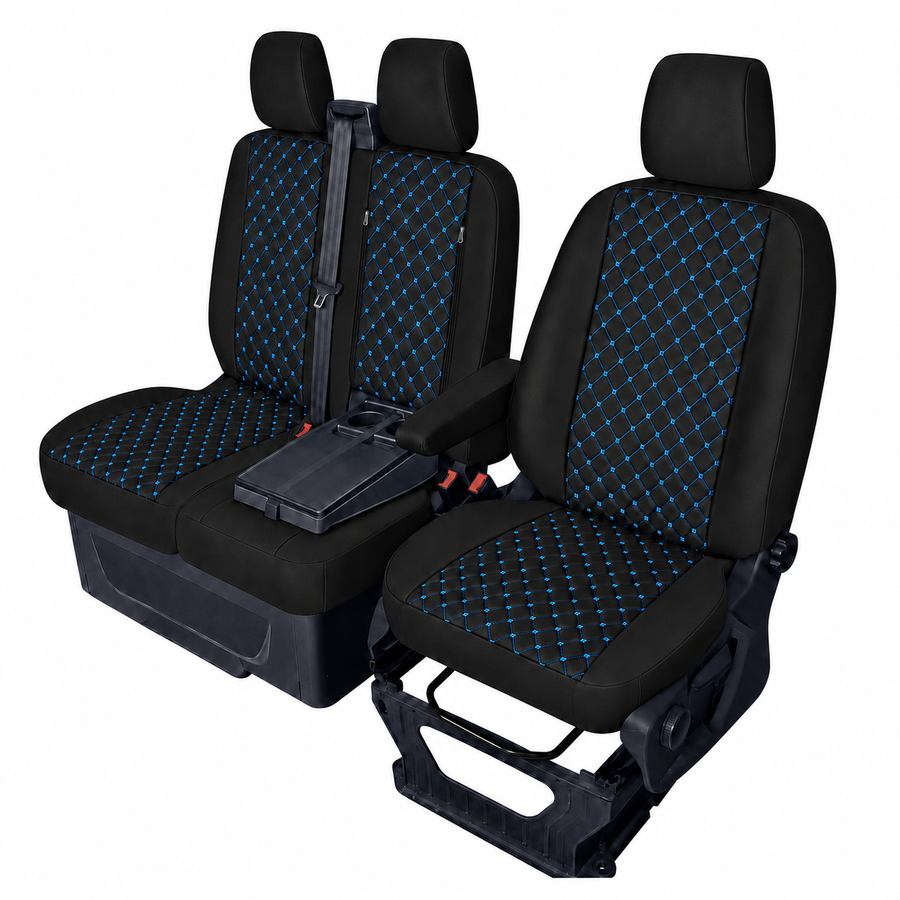 Комплект 2+1 Тапицерия за FORD TRANSIT CUSTOM 2009+ – Еко кожа, Черна със син шев, 8 части