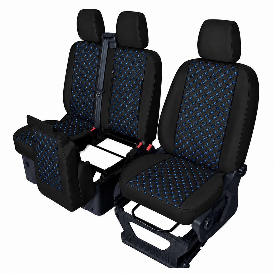 Комплект 2+1 Тапицерия за FORD TRANSIT CUSTOM 2009+ – Еко кожа, Черна със син шев, 8 части