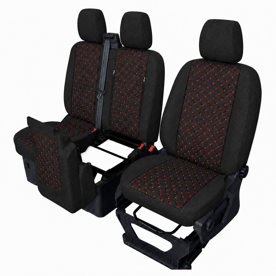 Комплект 2+1 Тапицерия за FORD TRANSIT CUSTOM 2009+ – Текстил, Черна с червен шев, 8 части