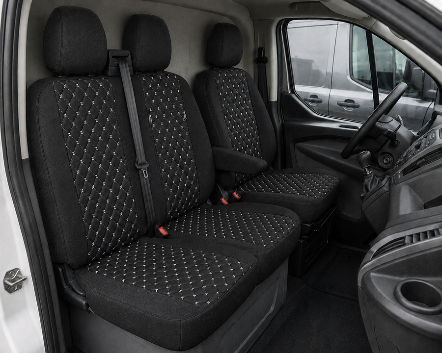 Комплект 2+1 Тапицерия за FORD TRANSIT CUSTOM 2009+ – Текстил, Черна с бял шев, 8 части