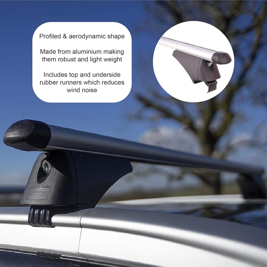 Aлуминиеви греди за багажник с ключалки за Ford EcoSport, Edge, Escape, Everest, Explorer, Focus, Galaxy, Kuga, Mondeo с плътни надлъжни релси (Flush Rails) 120 см, до 90 кг, Сребристи