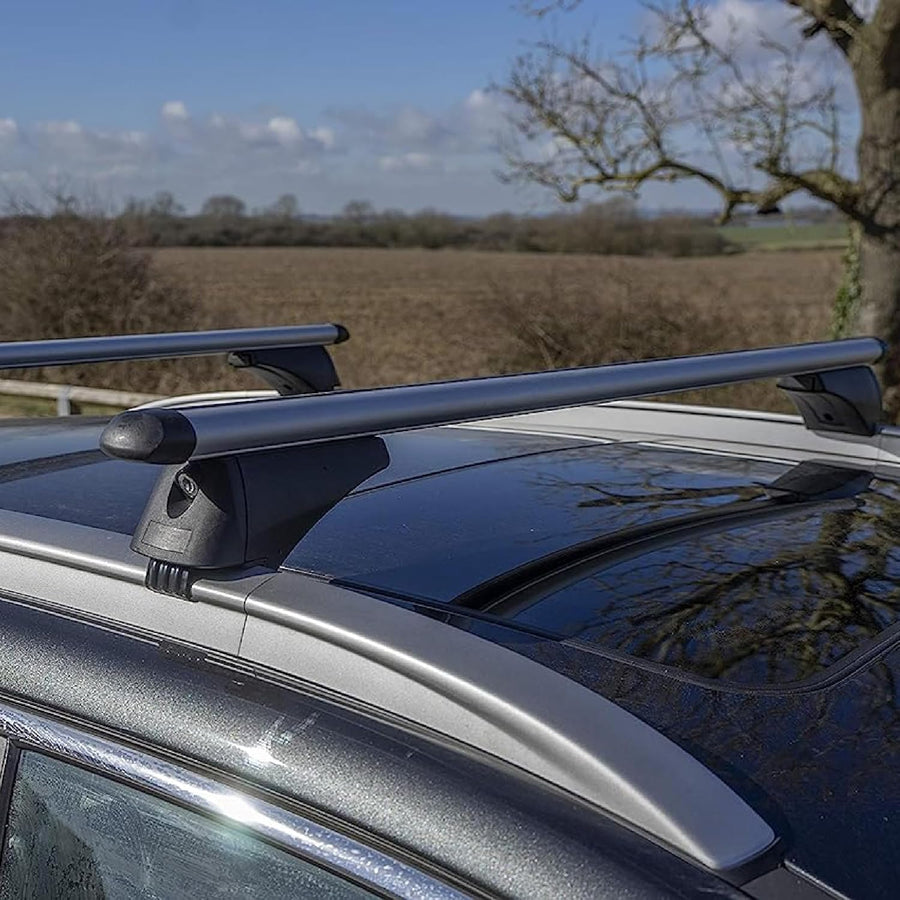 Стоманени греди за багажник с ключалки за Ford EcoSport, Edge, Escape, Everest, Explorer, Focus, Galaxy, Kuga, Mondeo с плътни надлъжни релси (Flush Rails), 120 см, до 90 кг, Черни