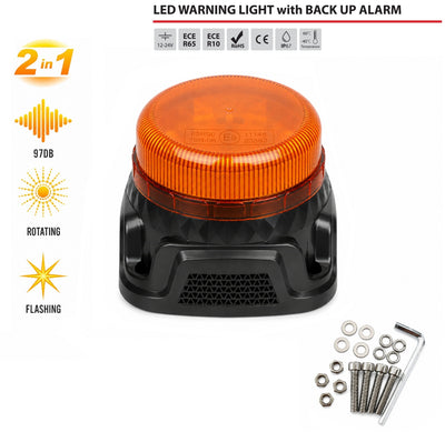 Оранжева LED аварийна лампа със зумер за заден ход, 14.5W, 9 режима, 97 dB, E-Mark E9, ECE R65/R10, IP67, 12–24V