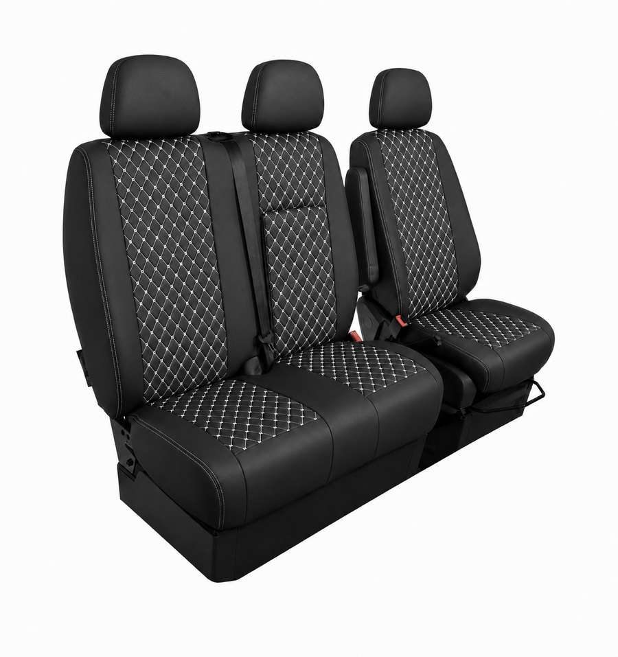 Комплект 2+1 Тапицерия за MERCEDES SPRINTER W906 2006-2018 – Еко кожа, Черна с бял шев, 8 части