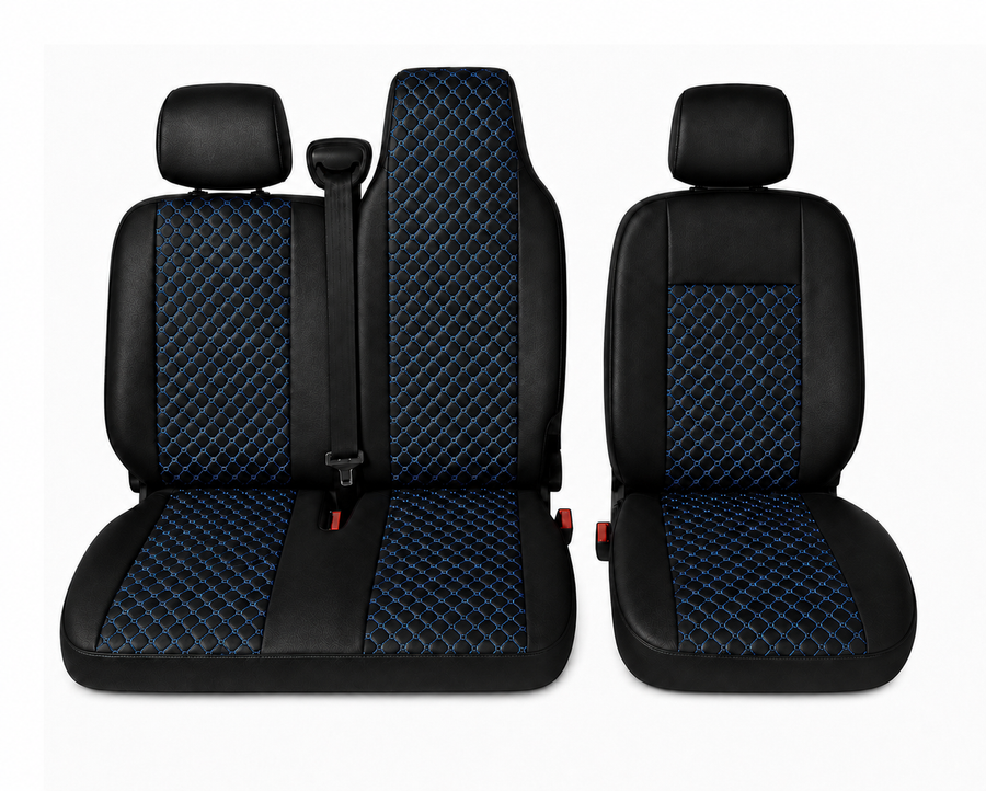 Комплект 2+1 Тапицерия за RENAULT MASTER III 2010-2019 – Еко кожа, Черна със син шев, 6 части