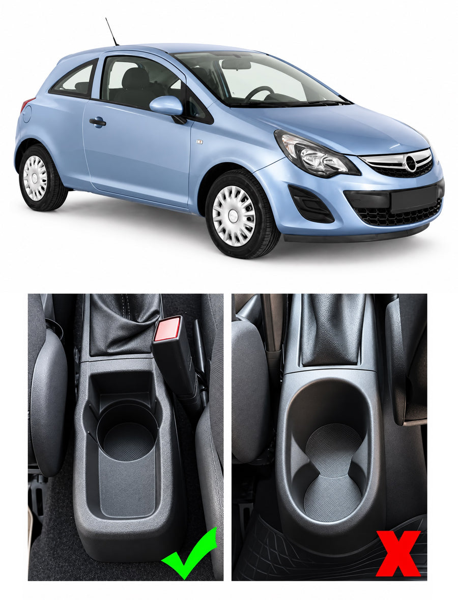 Подлакътник за Opel Corsa D с поставка за чаша и пепелник, Еко кожа, Черен с хром