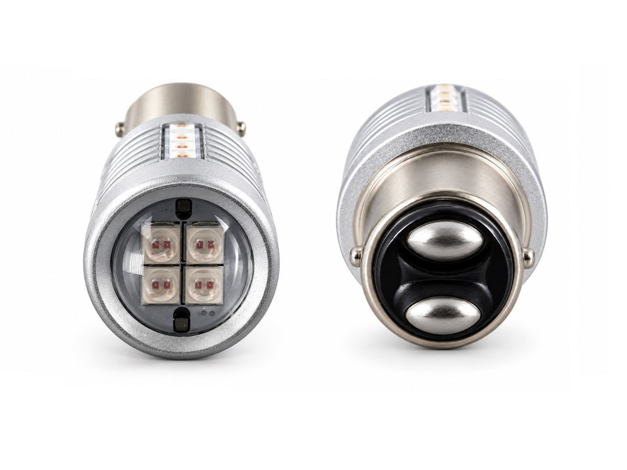 Комплект 2 автомобилни LED крушки BA15D за габарит и стоп, 20 SMD, 12-24V, Червена светлина, 2 степени, с лупа