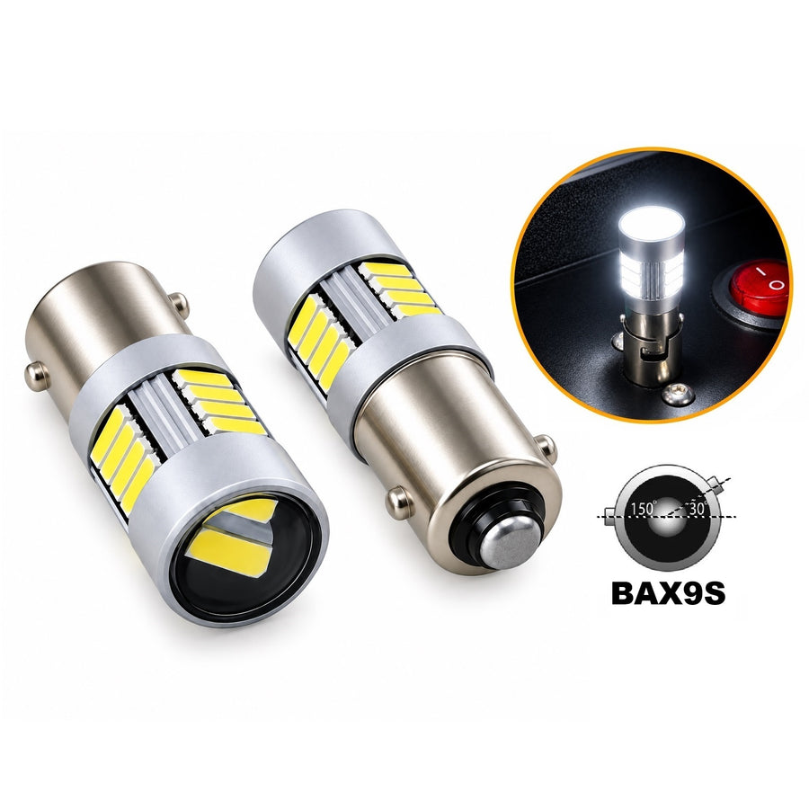 Комплект 2 автомобилни LED крушки BAX9S за дневни светлини DRL, 17 SMD, 12V, 2W, Бяла светлина, с лупа