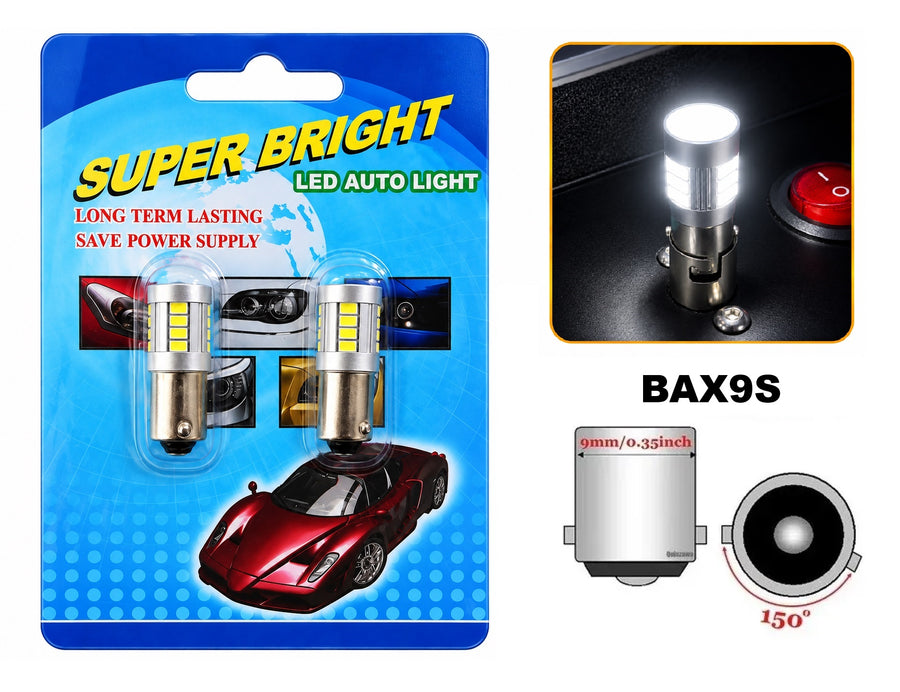 Комплект 2 автомобилни LED крушки BAX9S за дневни светлини DRL, 17 SMD, 12V, 2W, Бяла светлина, с лупа