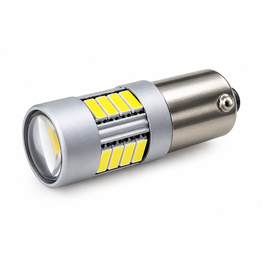 Комплект 2 автомобилни LED крушки BAX9S за дневни светлини DRL, 17 SMD, 12V, 2W, Бяла светлина, с лупа