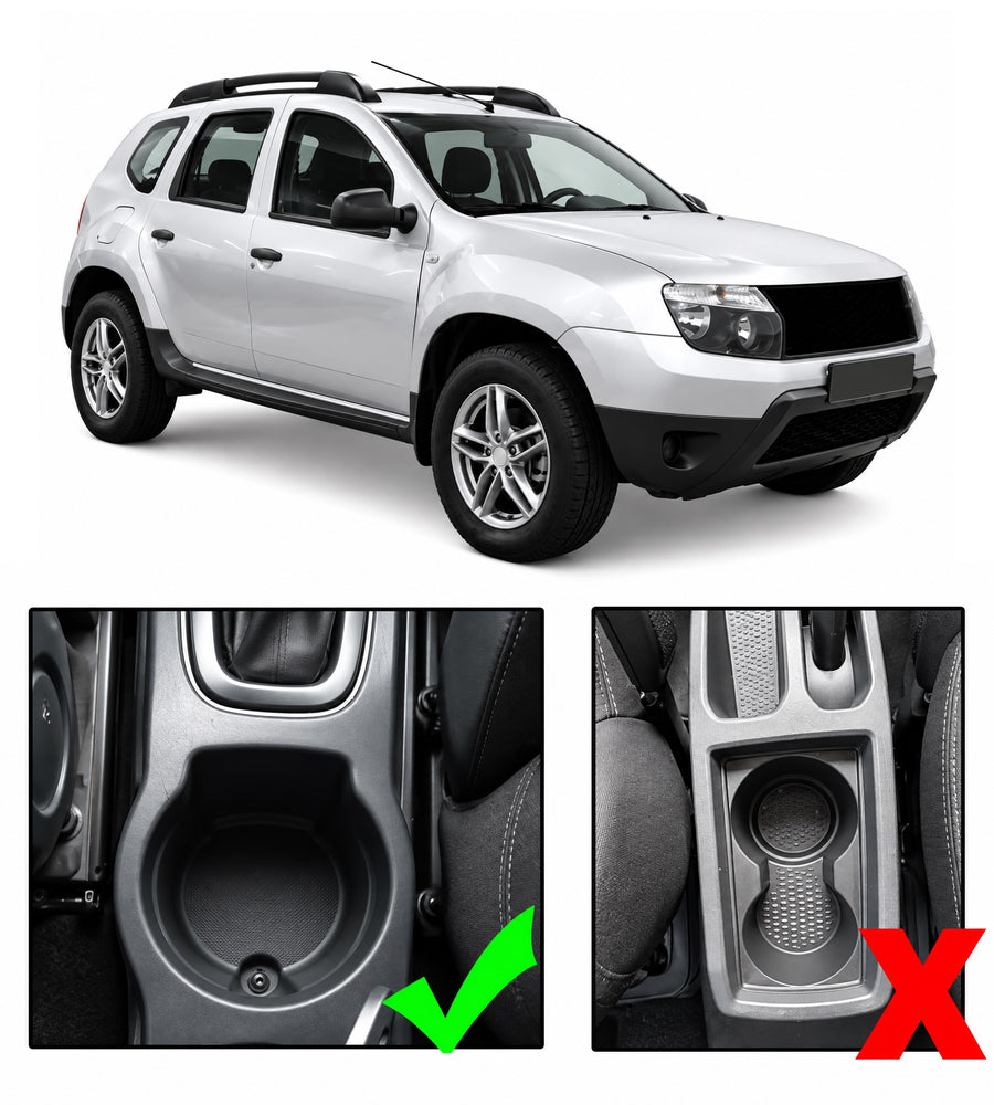 Подлакътник за Dacia Duster 2010-2017, 2 отделения, плъзгащ се напред-назад, с поставка за чаша и пепелник, Еко кожа, Черен с хром