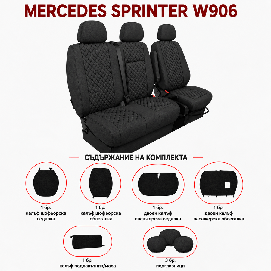 2+1 Текстилна тапицерия за предни седалки за Mercedes Sprinter W906 2006-2018, Черна с черен шев, 8 части