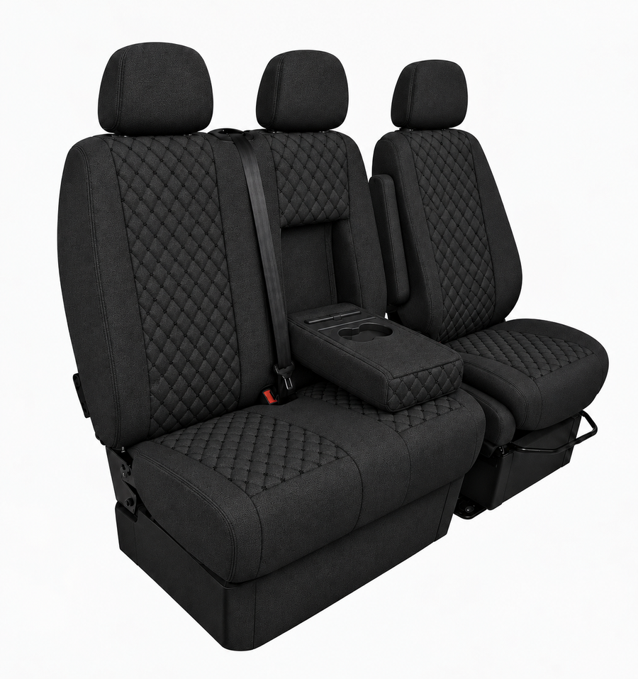 2+1 Текстилна тапицерия за предни седалки за Mercedes Sprinter W906 2006-2018, Черна с черен шев, 8 части