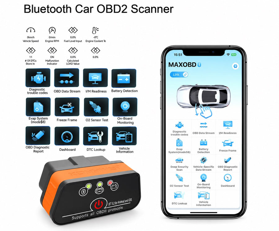 Автодиагностичен скенер OBD2 iCar 3 с Bluetooth 5.2 за Android и iOS, 12V, MAXOBD