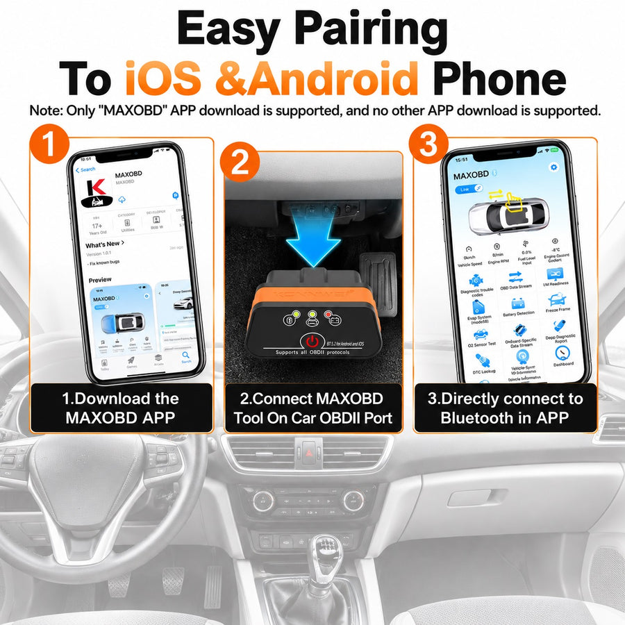 Автодиагностичен скенер OBD2 iCar 3 с Bluetooth 5.2 за Android и iOS, 12V, MAXOBD