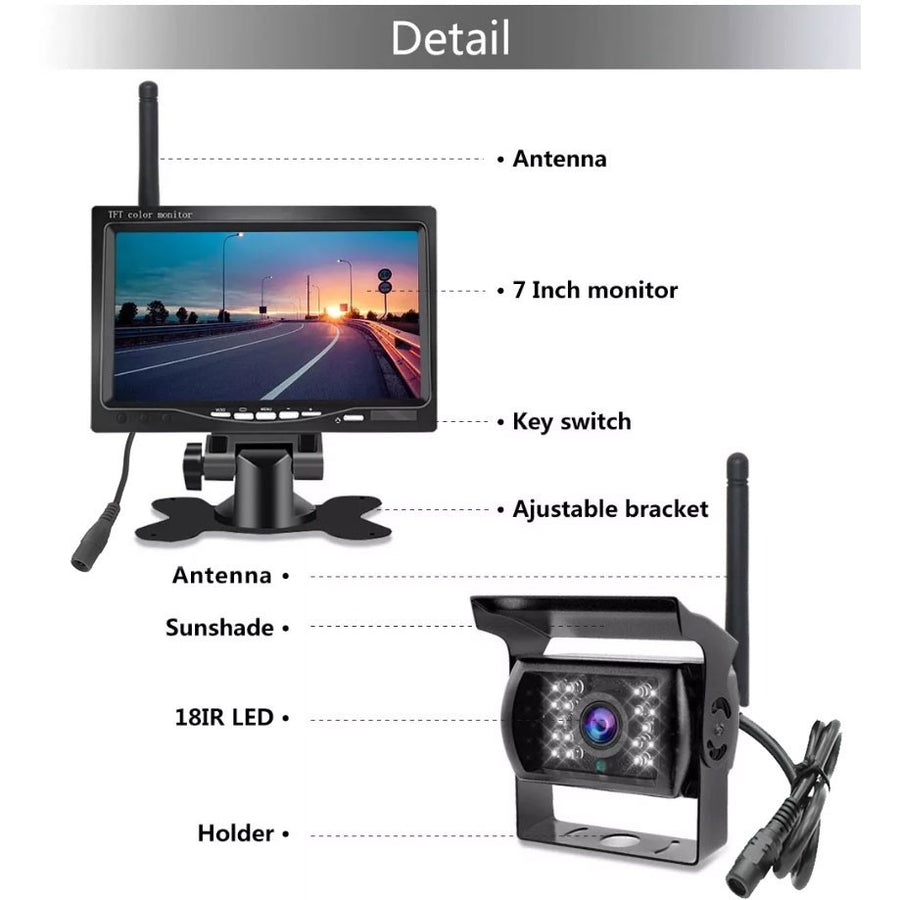 Безжична камера за задно виждане с 7 TFT LCD монитор, 12V/24V, нощно виждане, IP67, за камион, бус и автобус