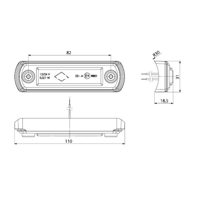 LED габарит за ролбар червен, 12-24V