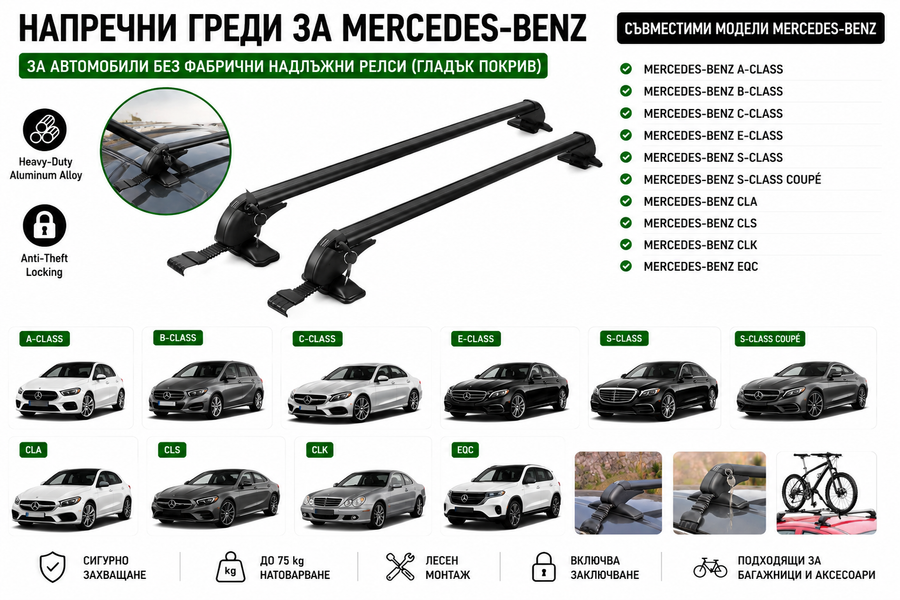 Aлуминиеви греди за багажник с ключалки за Mercedes-Benz A-Class, B-Class, C-Class, E-Class, S-Class, CLA, CLS, CLK, EQC без фабрични релси, 110 см, Черни