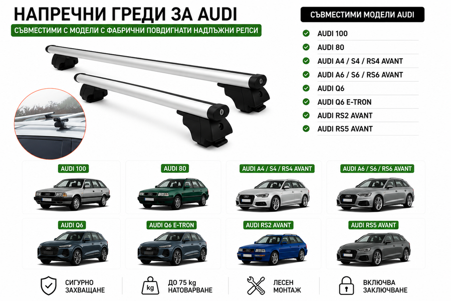 Aлуминиеви греди за багажник с ключалки за Audi Серия 100, 80, A4, A6, RS2, RS5 Комби Avant и Q6 с повдигнати надлъжни релси (Raised Rails) 120 см, до 75 кг, Сребристи