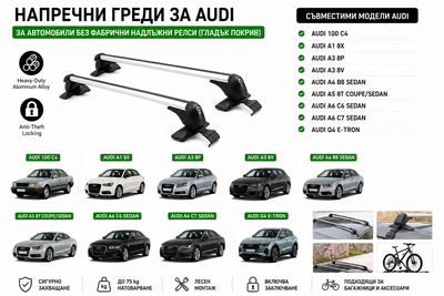 Aлуминиеви греди за багажник с ключалки за Audi 100, A1, A3, A4, A5, A6, Q4 e-tron без фабрични релси, 110 см, Бели