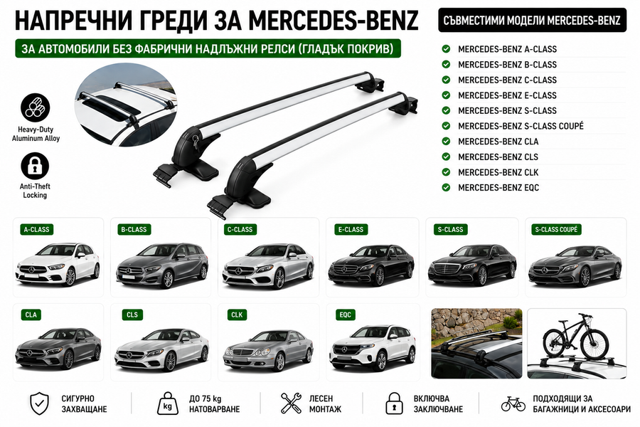 Aлуминиеви греди за багажник с ключалки за Mercedes-Benz A-Class, B-Class, C-Class, E-Class, S-Class, CLA, CLS, CLK, EQC без фабрични релси, 110 см, Бели