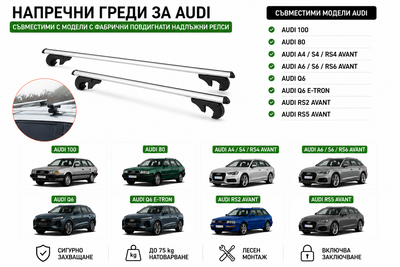Aлуминиеви греди за багажник с ключалки за Audi Серия 100, 80, A4, A6, RS2, RS5 и Q6 с повдигнати надлъжни релси (Raised Rails) 120 см, до 90 кг, Сребристи