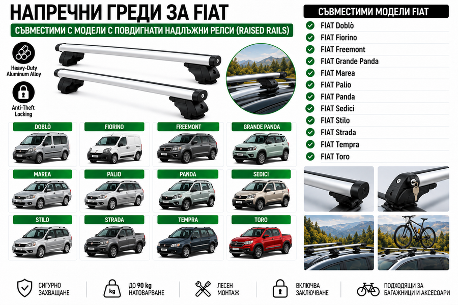 Aлуминиеви греди за багажник с ключалки за Fiat Doblò, Fiorino, Freemont, Panda, Sedici, Stilo и Toro с повдигнати надлъжни релси (Raised Rails) 120 см, до 90 кг, Сребристи