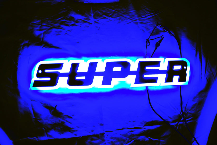 Огледална табела с никелиран надпис Super, външна. за решетка, 24V, синя