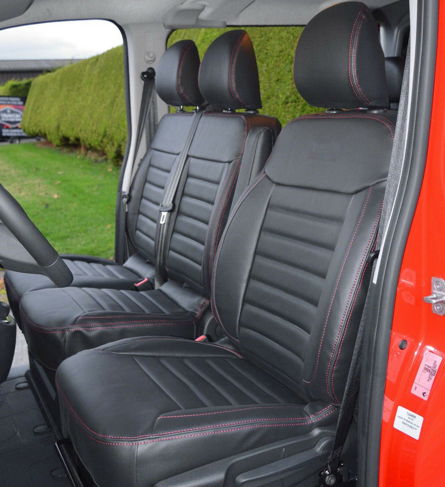 Кожена тапицерия за седалки, Черна с Червен шев за Renault Master, Opel Movano 2011-2020, 2+1