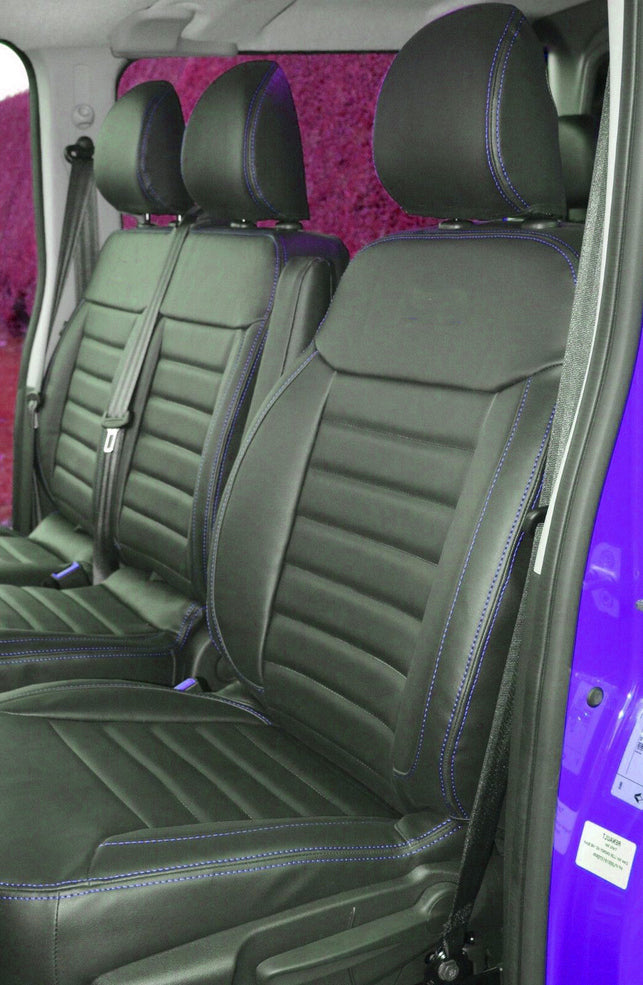 Кожена тапицерия за седалки, Черна със Син шев за Renault Master, Opel Movano 2011-2020, 2+1