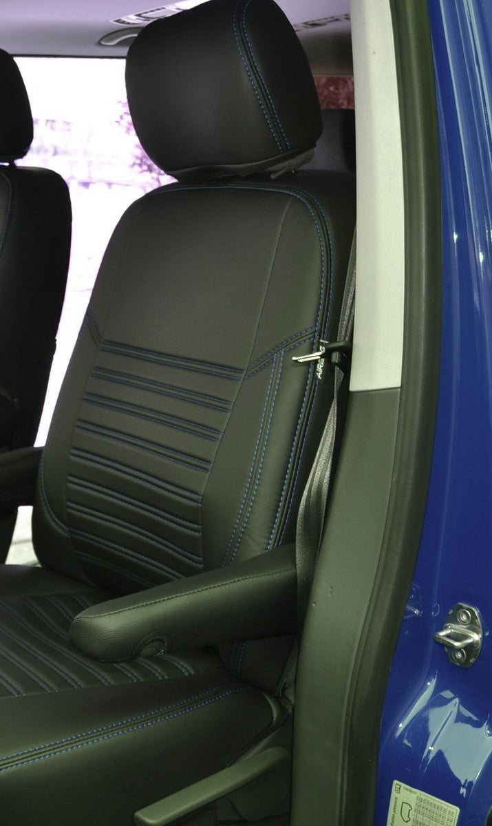 Кожена тапицерия за седалки, Черна със Син шев за Renault Master, Opel Movano 2011-2020, 2+1