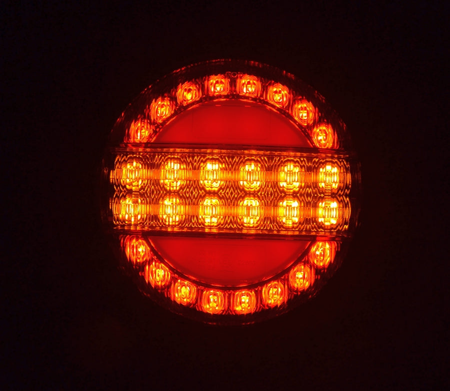 Кръгъл LED стоп с динамичен мигач, 10-30V, червено-жълто, е-маркиран