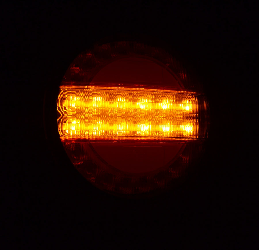 Кръгъл LED стоп с динамичен мигач, 10-30V, червено-жълто, е-маркиран