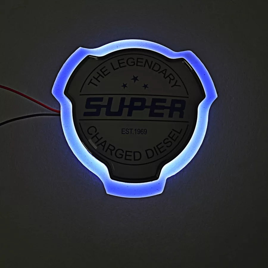 Огледална табелка SUPER – син текст, бяла, външна, за решетка, 12/24V, бял неон