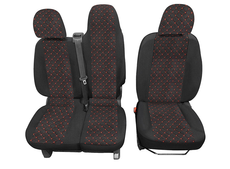 Калъфи за седалки за Opel Vivaro 2014+, черно с червено, полиестер + еластан