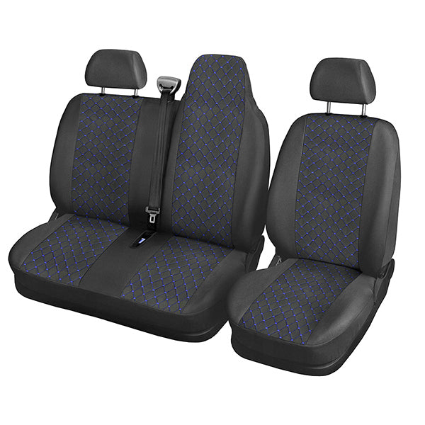 Калъфи за седалки за Renault Master, 2009+, черна със син шев (разделена двойна облегалка)
