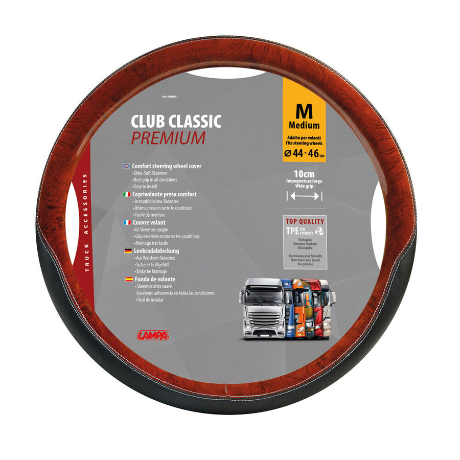 Калъф за волан Club Classic, TPE comfort grip, размер M, 44/46 cm - черно с махагон