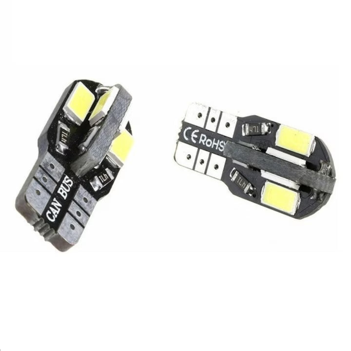 Комплект от 2 броя Лед Крушки За Габарит Т10 W5W LED 8 SMD 5730 Canbus 12V Бяла Светлина Error free Без грешки в Блистер